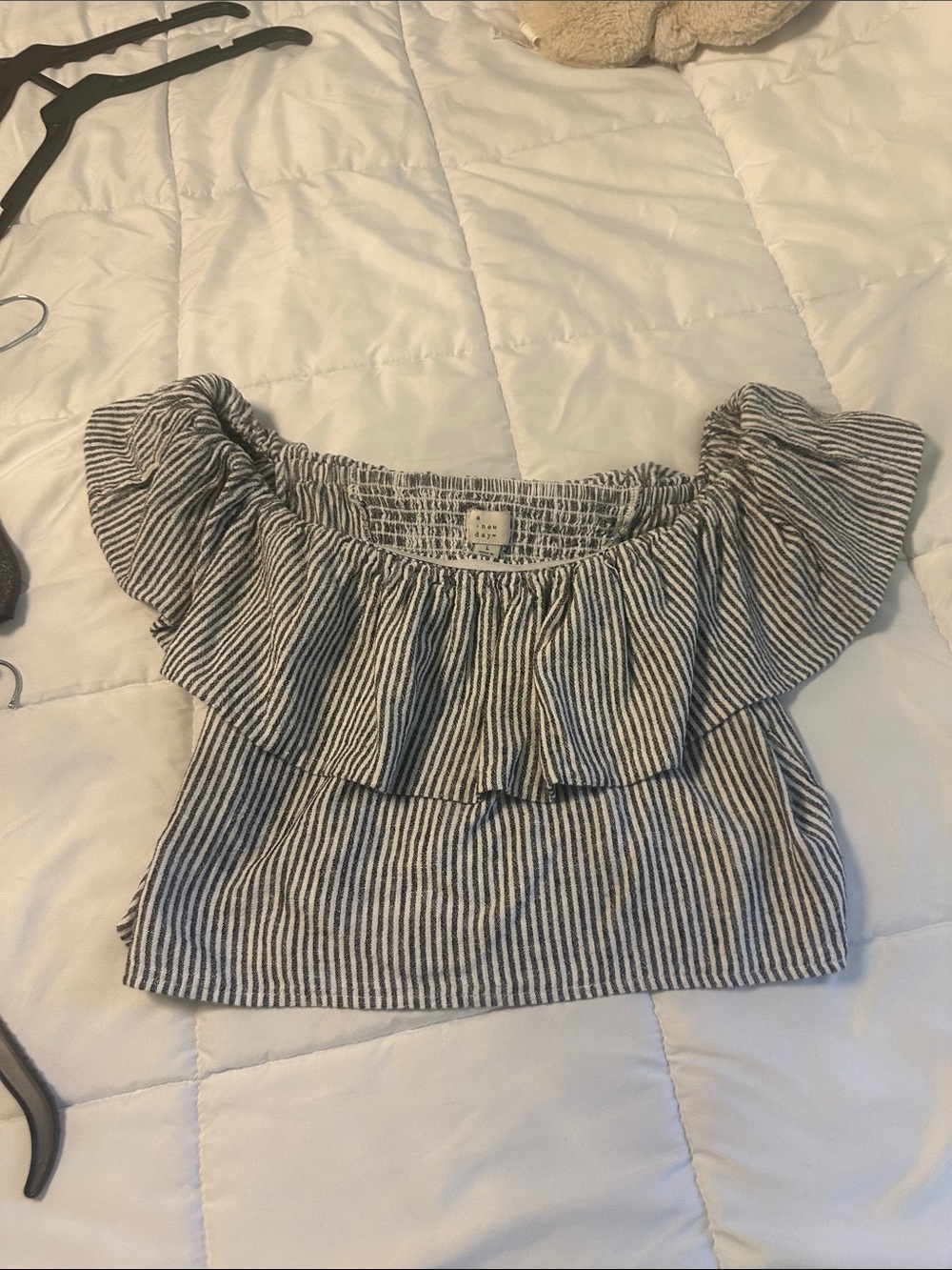 Striped Off-Shoulder Ruffle Crop Top - Black/White